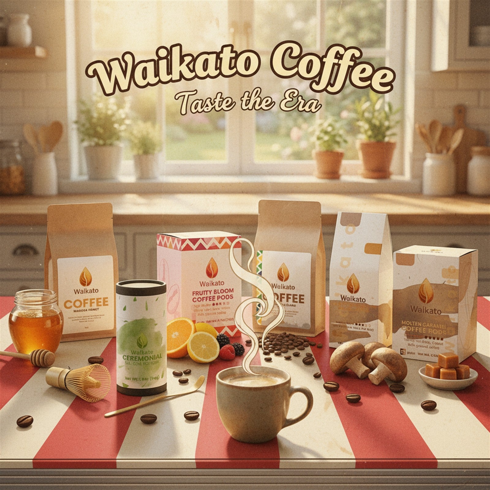 The Waikato Coffee range on a sunlit table