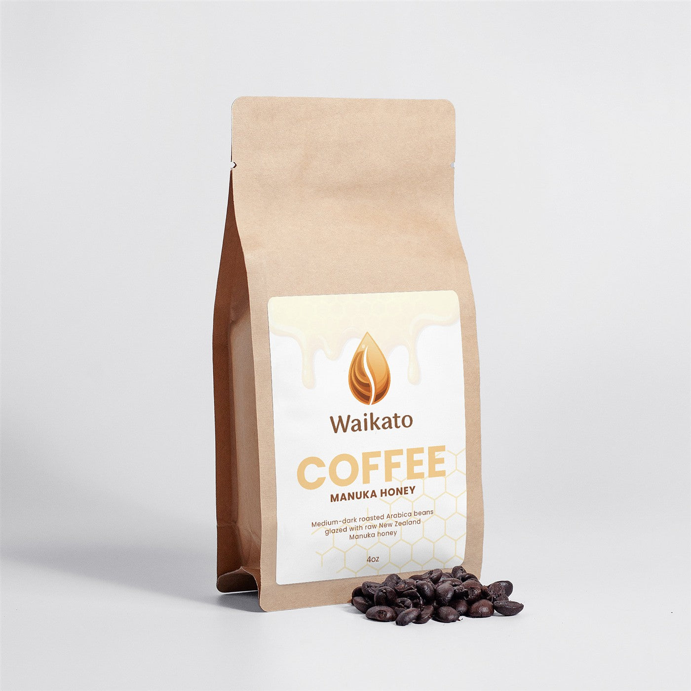 Waikato Manuka Honey Coffee beside roasted beans in morning light